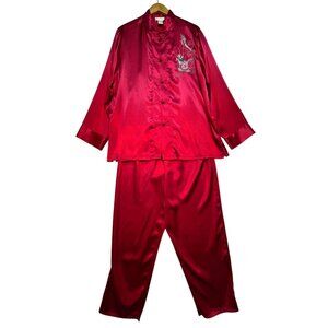Vintage Inner Most Womens Satin Button Up Pants Pajama Set Size L Red Sleepwear